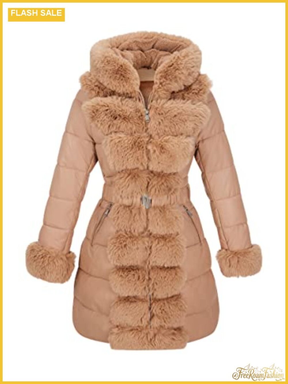 Women's Quilted Puffer Coat with Fur Trim Hood